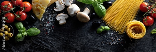 Italian food ingredients on dark stone pasta, tomatoes, cheese, olives, mushrooms