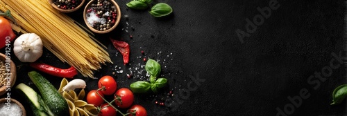 Italian ingredients, pasta, tomatoes, spices, and herbs on a dark textured background