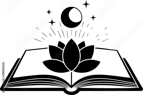Open book lotus flower moon stars knowledge wisdom spiritual growth.