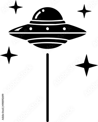 UFO flying saucer spacecraft with light beam and stars icon for science fiction concept.