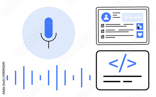 Artificial intelligence, coding interfaces, user authentication, voice recognition, data management, cybersecurity. Microphone icon, sound waves coding symbol and user profile. Voice recognition
