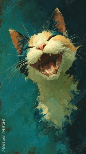 Happy cat smiles widely on blue green background in a moment of joy and playfulness captured in a lively atmosphere