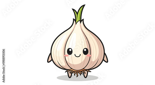 Cute Cartoon Garlic Character with Happy Face and Green Sprouts