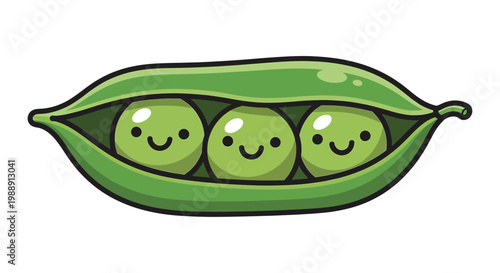 Cute cartoon peas in a pod with happy faces, healthy food illustration