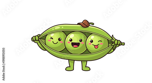 Cute cartoon peas in a pod with happy faces, winking and smiling