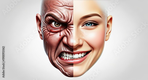 A conceptual face where intense rage causes rapid skin aging and deep lines while serene joy maintains smooth textures and vibrant health, psychology, close-up, contrast