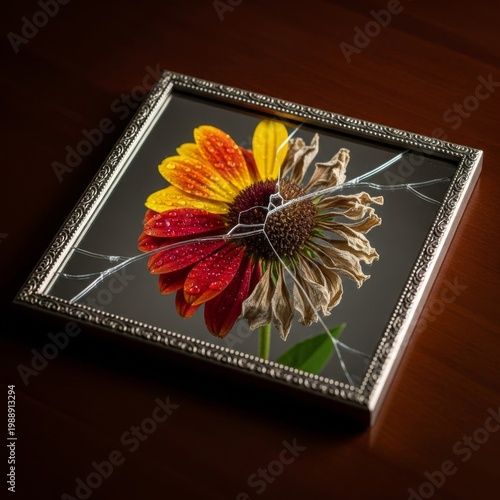 A cracked ornate mirror rests on a wooden surface, reflecting a vibrant blooming flower transitioning into a withered, dried specimen, identity, stillness, bloom