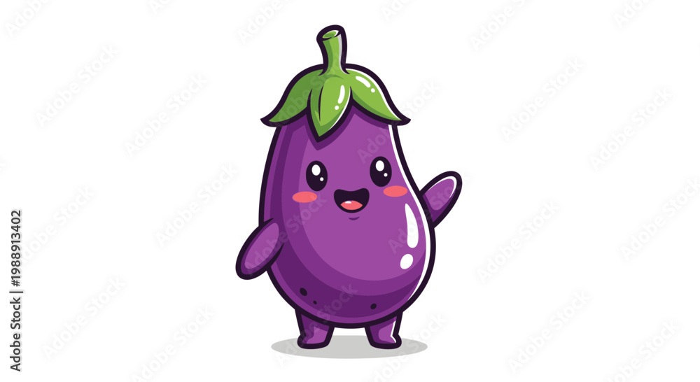 Fototapeta premium Cute Kawaii Eggplant Character Waving Hello, Healthy Food Illustration