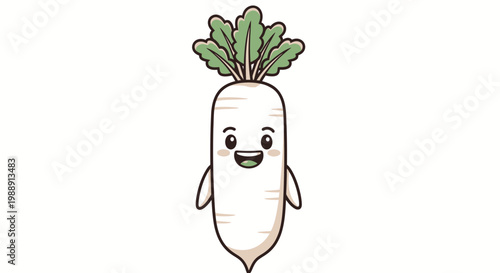Cute Kawaii Radish Character with Green Leaves, Smiling