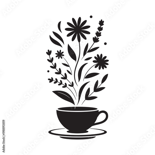 Floral arrangement in a teacup a black and white graphic design
