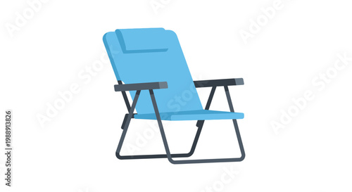 Blue folding beach chair with armrests.