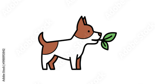 Brown and white dog holding leaf.