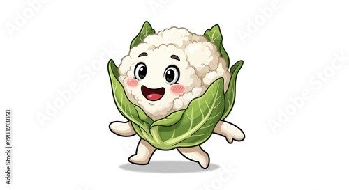 Happy Cartoon Cauliflower Character Dancing with Green Leaves