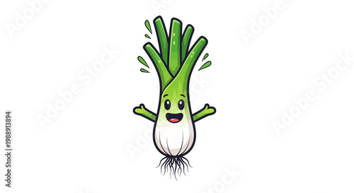 Εκτύπωση καμβά Happy cartoon scallion character with hands up, isolated on white background