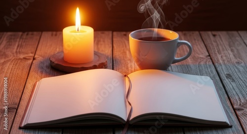 An open notebook sits on a wooden table beside a warm cup of herbal tea and a lit candle, capturing a quiet moment of mindful reflection, health, routine, focus