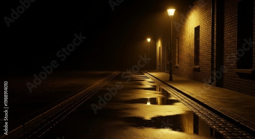 Dim street lamps illuminate a quiet urban alleyway at night. Long shadows stretch across damp pavement reflecting soft yellow glowing light, depth, nocturnal, quiet