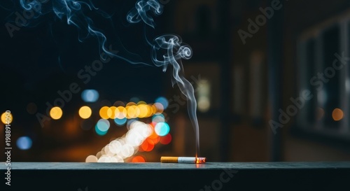 Dimly lit balcony at night with a glowing cigarette tip, wisps of smoke rising into the dark air against a blurred urban background, orange, glowing, city
