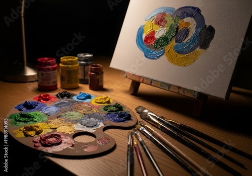 Dimly lit creative workspace at midnight features messy paint palettes, wet brushes, and a half-finished oil canvas under warm lamp light, midnight, liquid, workspace