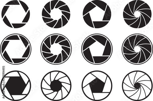 Camera Aperture Display: A close-up view of a series of camera aperture blades, showcasing various f-stops and focal points. Demonstrating the technical aspect of photography with each setting