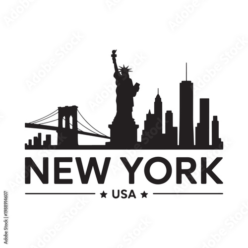 A black silhouette of new york city landmarks with text below