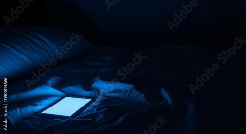 A glowing mobile phone sits on rumpled sheets in a dark room, casting blue light that represents digital habits and nighttime sleep loss, night, lifestyle, light