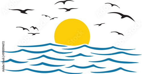 Sunrise Over the Sea: A stylized artistic depiction of the sun rising over the sea. Seagulls fly gracefully against the backdrop of an orange sunrise.