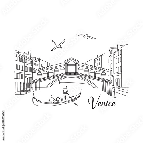 Line art illustration of a venetian canal scene with gondola and bridge