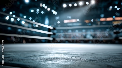Vacant wrestling ring in tournament space with blurred backdrop ready for competition