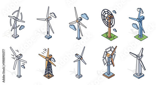Isometric illustration of various wind turbine designs showcasing renewable energy sources