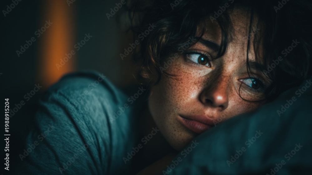 Fototapeta premium Woman lying awake in bed at night thinking about life and her worries in a dimly lit room