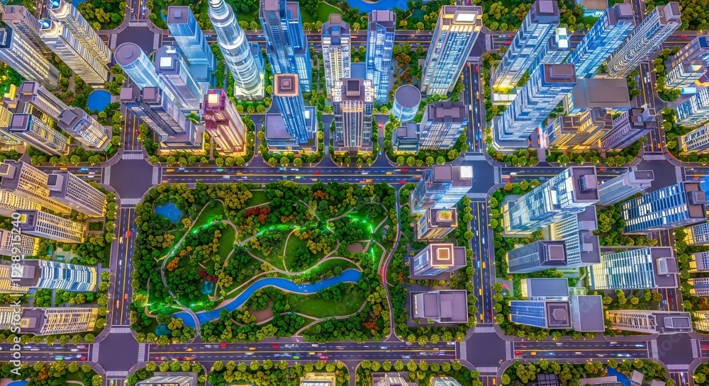 Fototapeta premium Detailed overhead view of a tiny metropolitan model featuring small skyscrapers, green parks, complex road systems, and realistic lighting, miniature, commercial, shadow