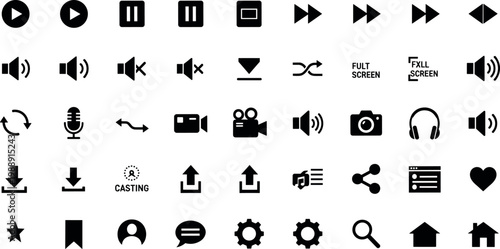 Multimedia and interface solid icon set featuring media controls audio video sharing settings navigation and user interaction symbols