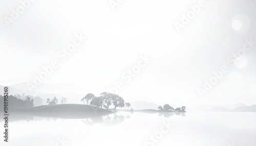 Lake Morning Mist Serene trees reflecting in water, mountains & fog. Background use