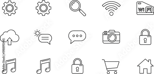 User interface and technology line icon set featuring settings search wifi cloud security media shopping and home symbols for digital applications