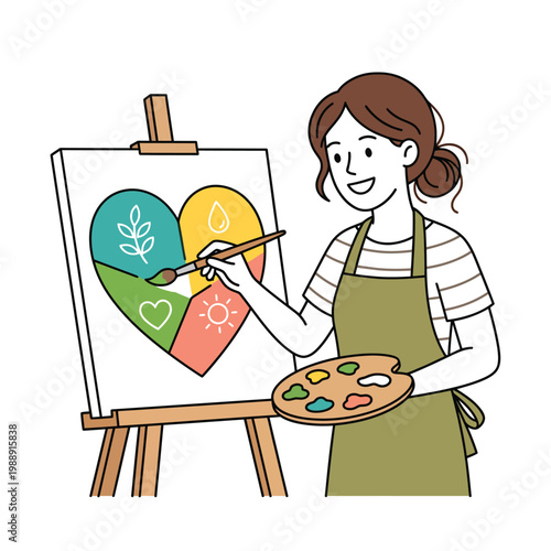 A female artist in a green apron painting a colorful segmented heart symbol on a canvas, vector illustration.