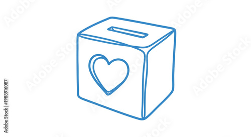 A simple line drawing depicts a white donation box with a heart and slot high quality
