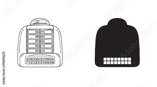 black and white illustration of backpacks line art with silhouette vector