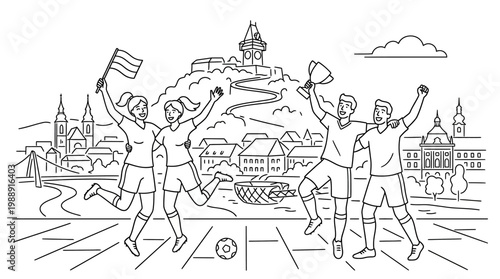 Joyful Group of People Celebrating Victory with Flag and Cheers.