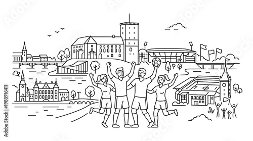 Joyful Group of People Celebrating Victory in Cityscape Illustration.