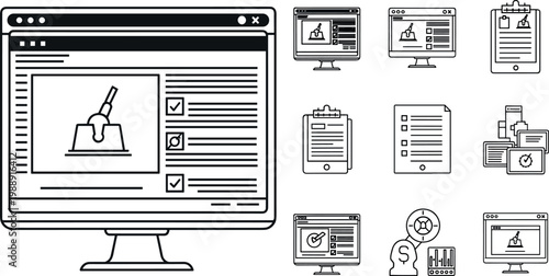Web design and user interface icon set featuring website layout dashboard forms analytics and digital content management symbols for applications