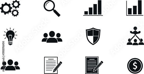 Business and management solid icon set featuring analytics teamwork security documents strategy finance and corporate workflow symbols