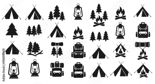 Camping icons set with tents, trees, lanterns, backpacks, and campfires for outdoor adventures