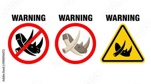 Set of three graphic warning signs advocating for rhino conservation and protection against poaching, highlighting the urgent need to safeguard these magnificent endangered animals