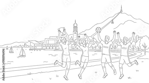 Joyful Group of People Celebrating Victory with Raised Arms.