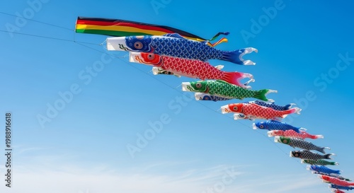Vibrant carp streamers flutter gracefully against a brilliant blue sky, capturing the essence of traditional festival celebrations, sunny, spring, texture