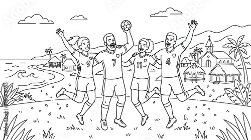 Joyful Handball Team Celebrating Victory with Raised Arms and Ball.