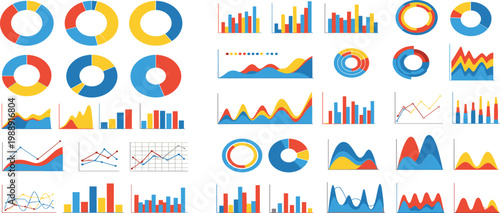 Data visualization infographic kit featuring donut charts bar graphs line charts and stacked area diagrams in a flat minimalist style for UI design