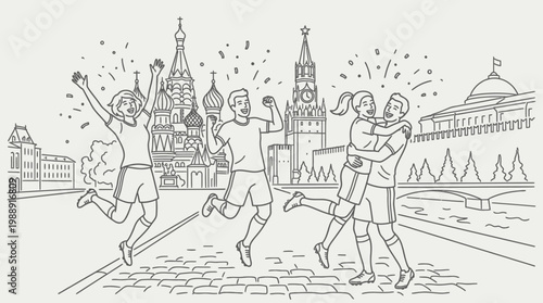 Joyful People Celebrating Victory in Front of Moscow Landmarks.