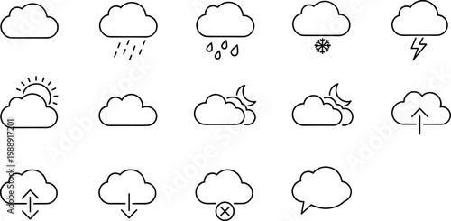 Weather and cloud outline icon set featuring rain snow storm upload download night forecast and sky condition symbols
