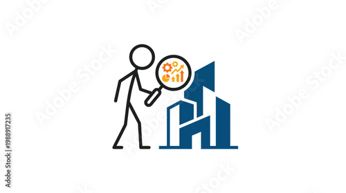 Stick Figure Examining Buildings with Magnifying Glass for Analysis.